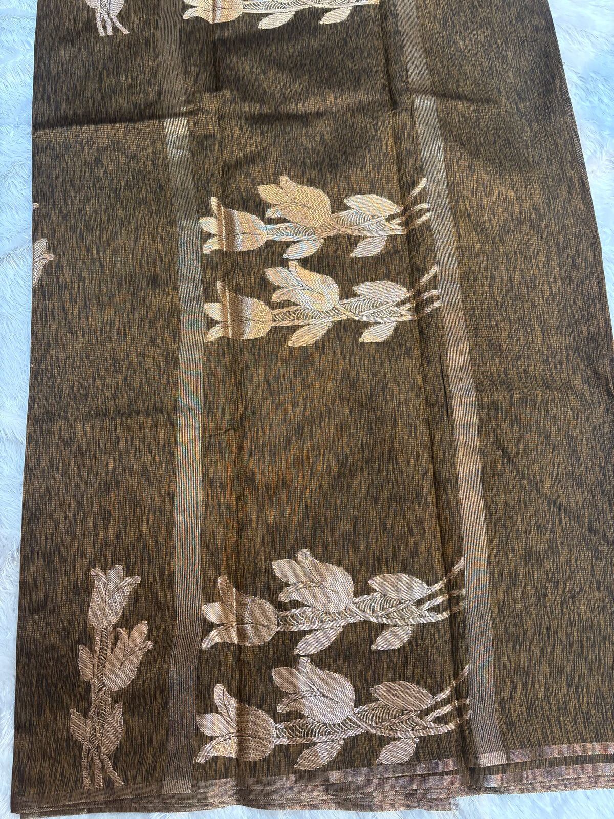 Banarasi Matka Silk Saree – Rustic Metallic Bronze with Champagne Gold Tulip Bootas