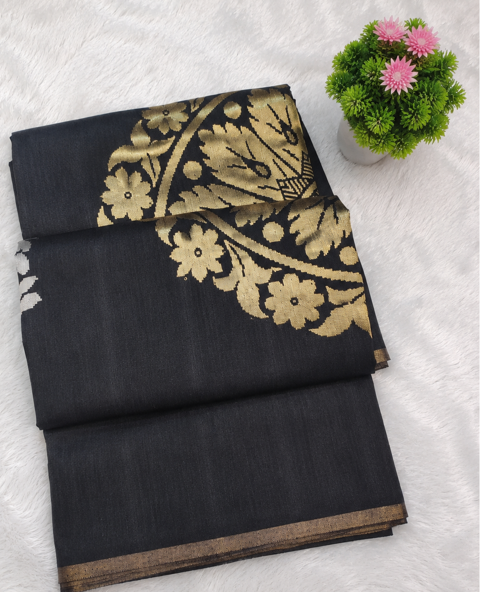 Pure Munga Cotton Handwoven Black Saree with Antique Gold Floral Zari Pallu & Border