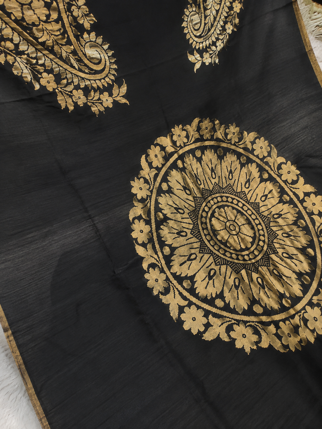 Pure Munga Cotton Handwoven Black Saree with Antique Gold Floral Zari Pallu & Border