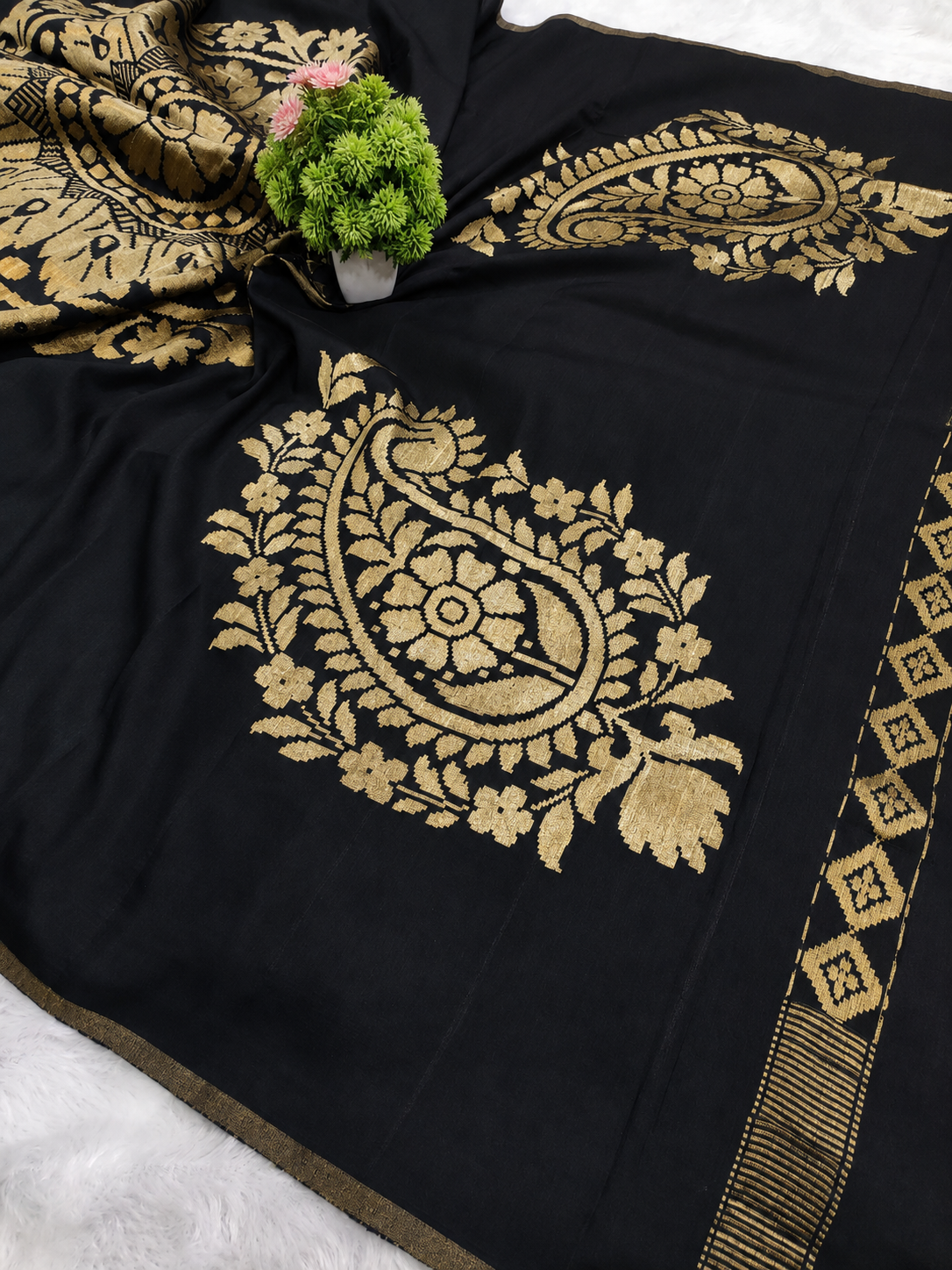 Pure Munga Cotton Handwoven Black Saree with Antique Gold Floral Zari Pallu & Border