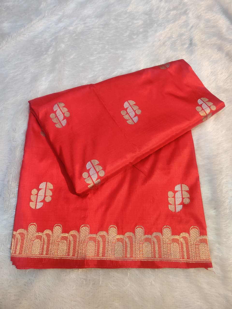 Vermillion Red Katan Silk Saree with Geometric Real Zari Buttas