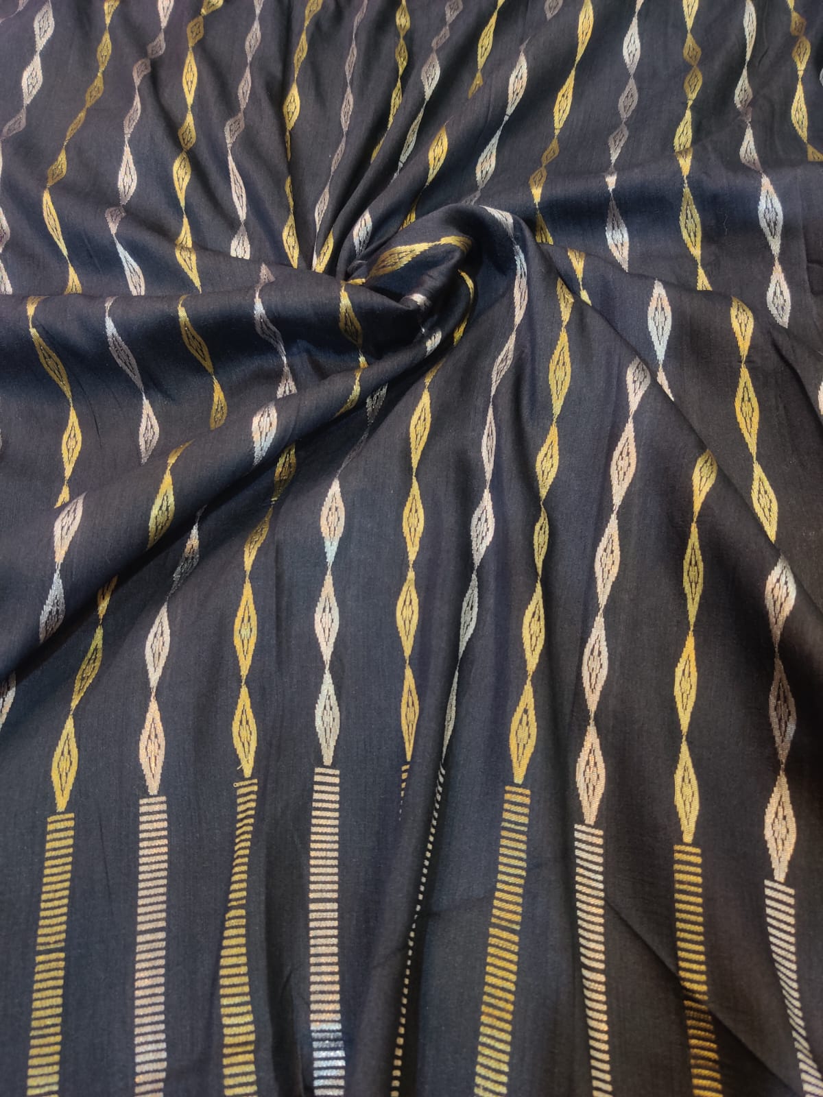 Pure Munga Cotton Handwoven Charcoal Grey Saree with Antique Gold Floral Pallu & Border
