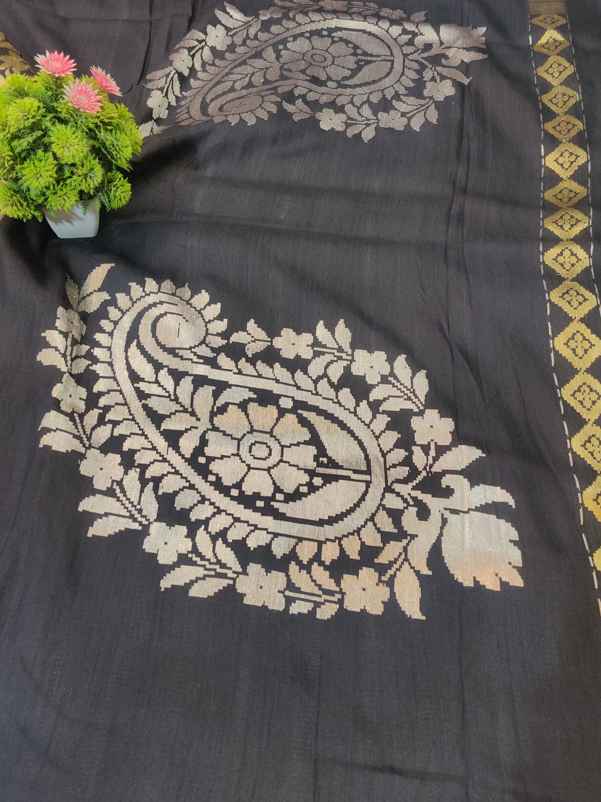 Pure Munga Cotton Handwoven Charcoal Grey Saree with Antique Gold Floral Pallu & Border