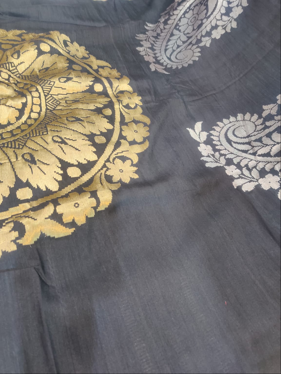 Pure Munga Cotton Handwoven Charcoal Grey Saree with Antique Gold Floral Pallu & Border