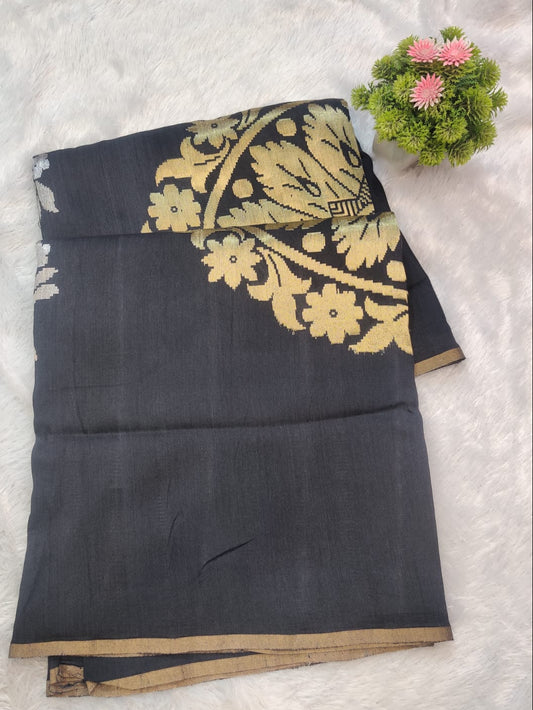 Pure Munga Cotton Handwoven Charcoal Grey Saree with Antique Gold Floral Pallu & Border
