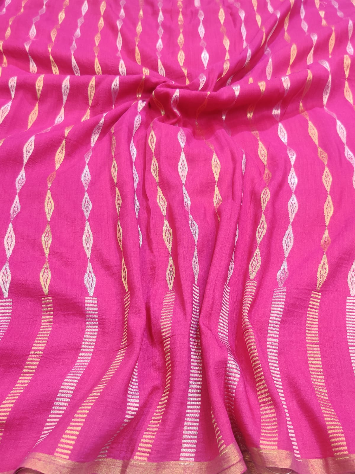 Pure Munga Cotton Handwoven Rani Pink Saree with Antique Gold Floral Pallu & Border