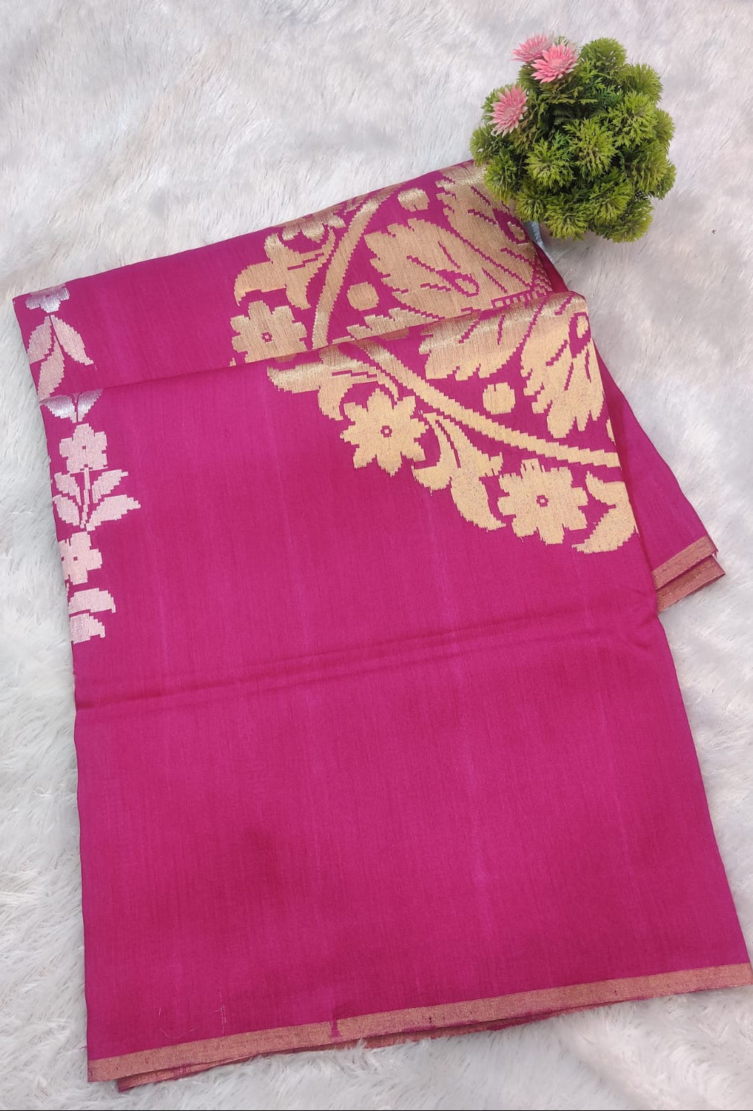 Pure Munga Cotton Handwoven Rani Pink Saree with Antique Gold Floral Pallu & Border