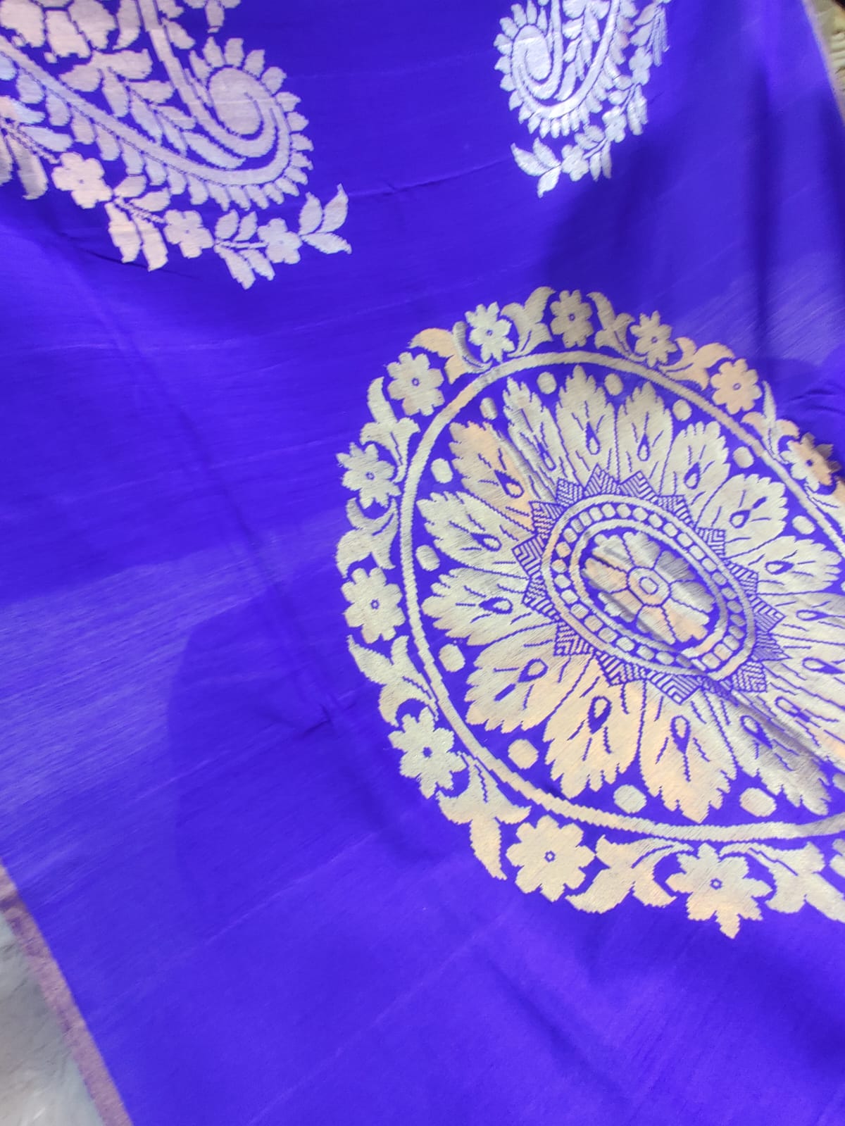 Pure Munga Cotton Handwoven Royal Blue Saree with Antique Gold Floral Pallu & Border