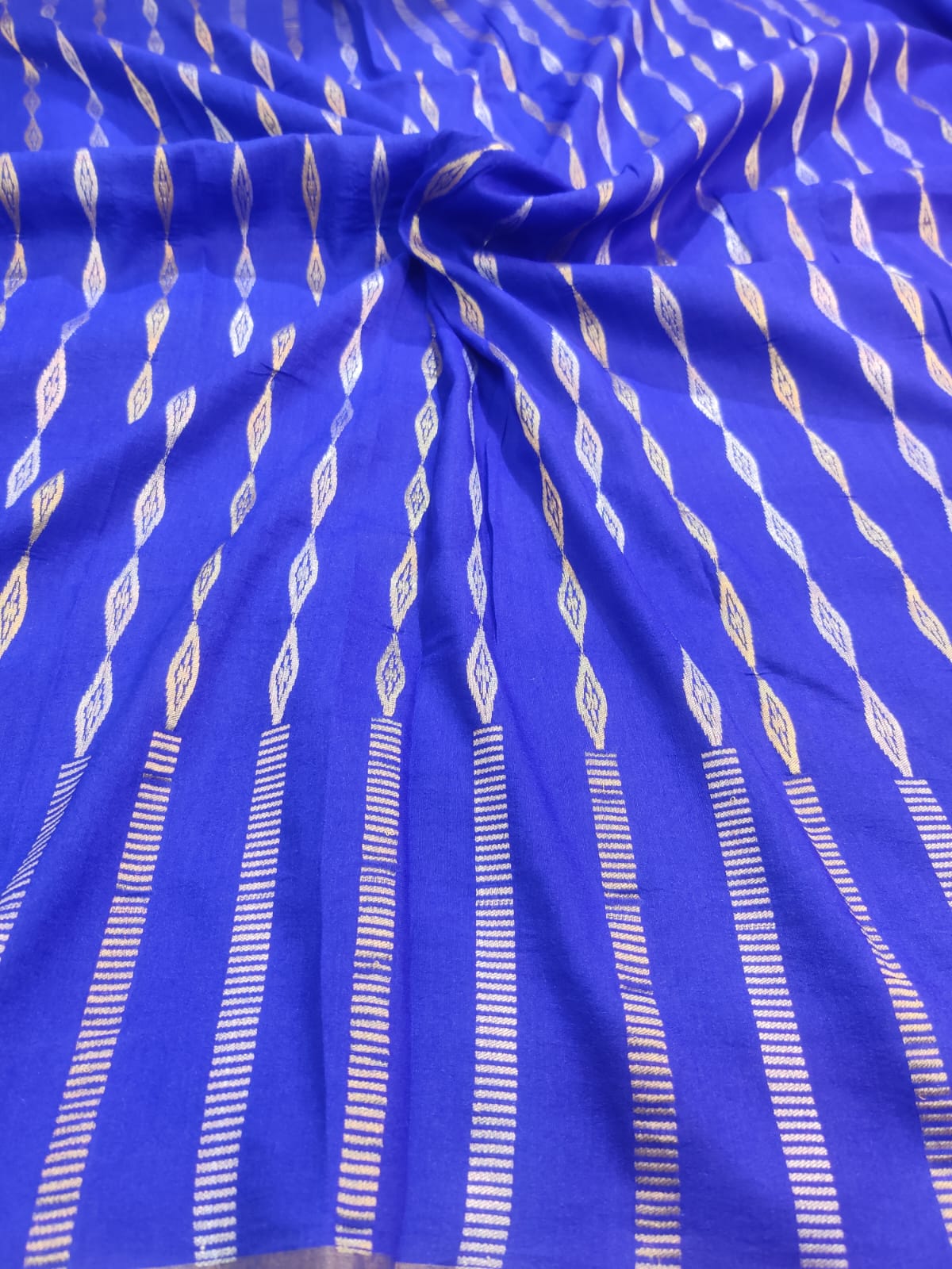Pure Munga Cotton Handwoven Royal Blue Saree with Antique Gold Floral Pallu & Border