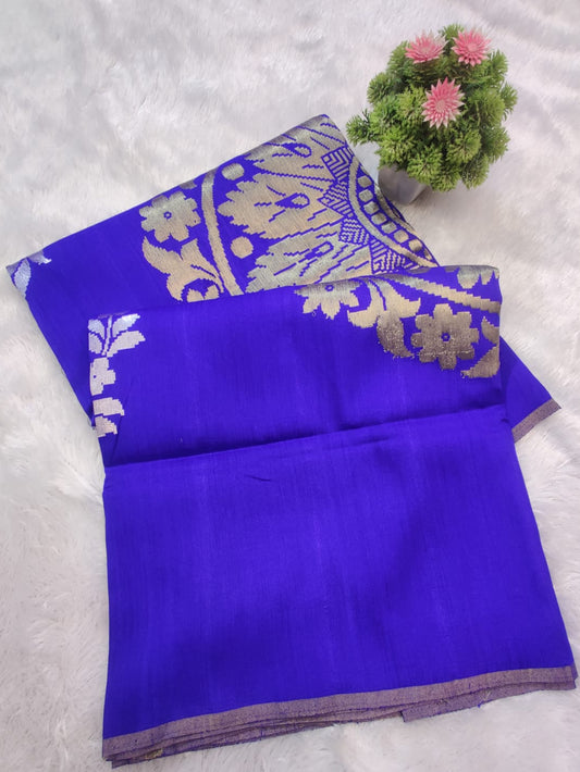 Pure Munga Cotton Handwoven Royal Blue Saree with Antique Gold Floral Pallu & Border