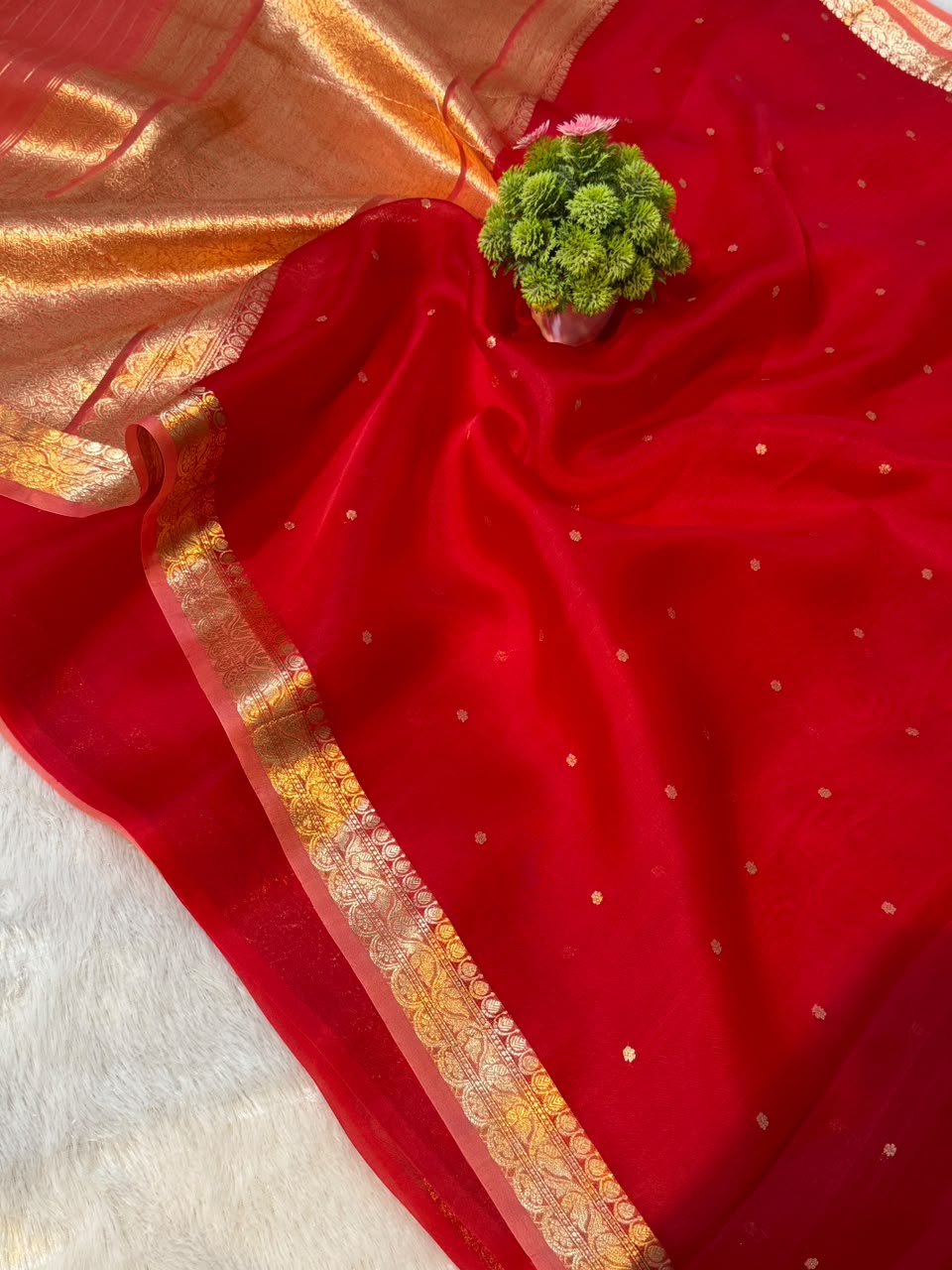 Kora Organza Handwoven Trendy Saree – Classic Red with Antique Gold Zari Border