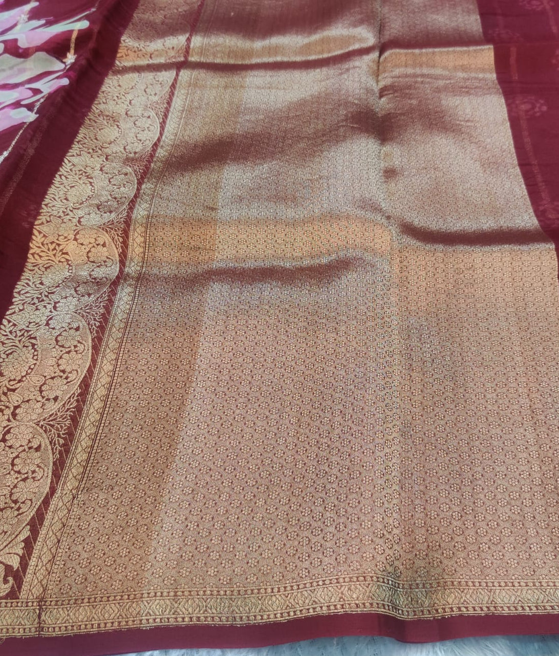 Banarasi Kora Organza Kadua Interlock Weaving Designer Saree – Wine Floral Elegance
