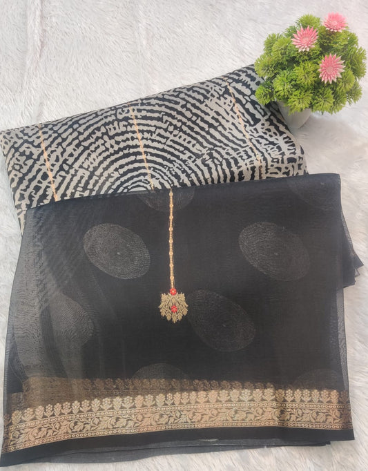 Banarasi Kora Organza Kadua Interlock Weaving Designer Saree – Black Fingerprint Motif