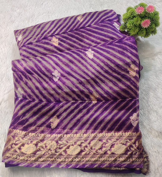 Banarasi Kora Organza Arashi Dyeing Designer Saree with Kadua Interlock Weaving – Royal Purple