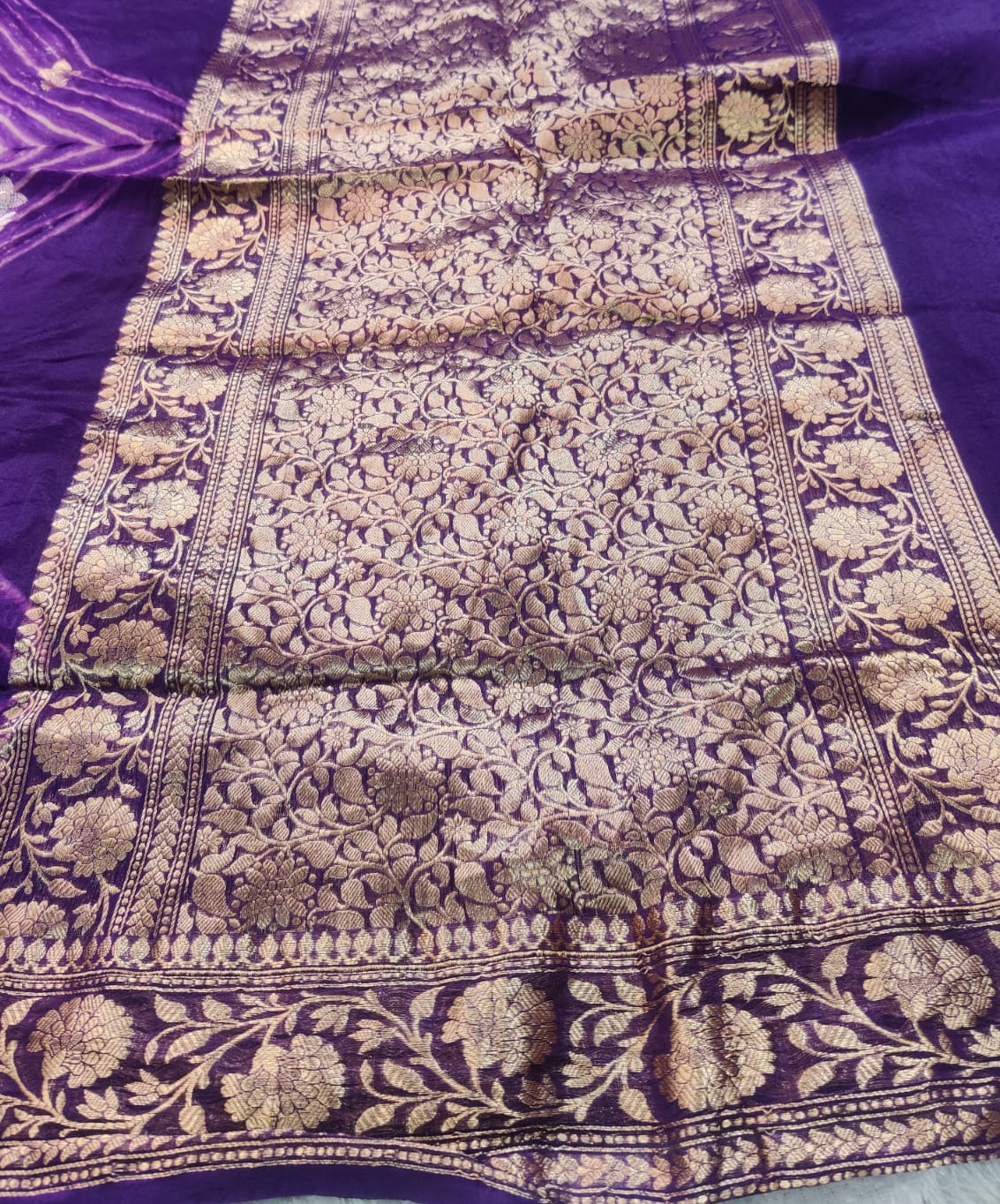 Banarasi Kora Organza Arashi Dyeing Designer Saree with Kadua Interlock Weaving – Royal Purple