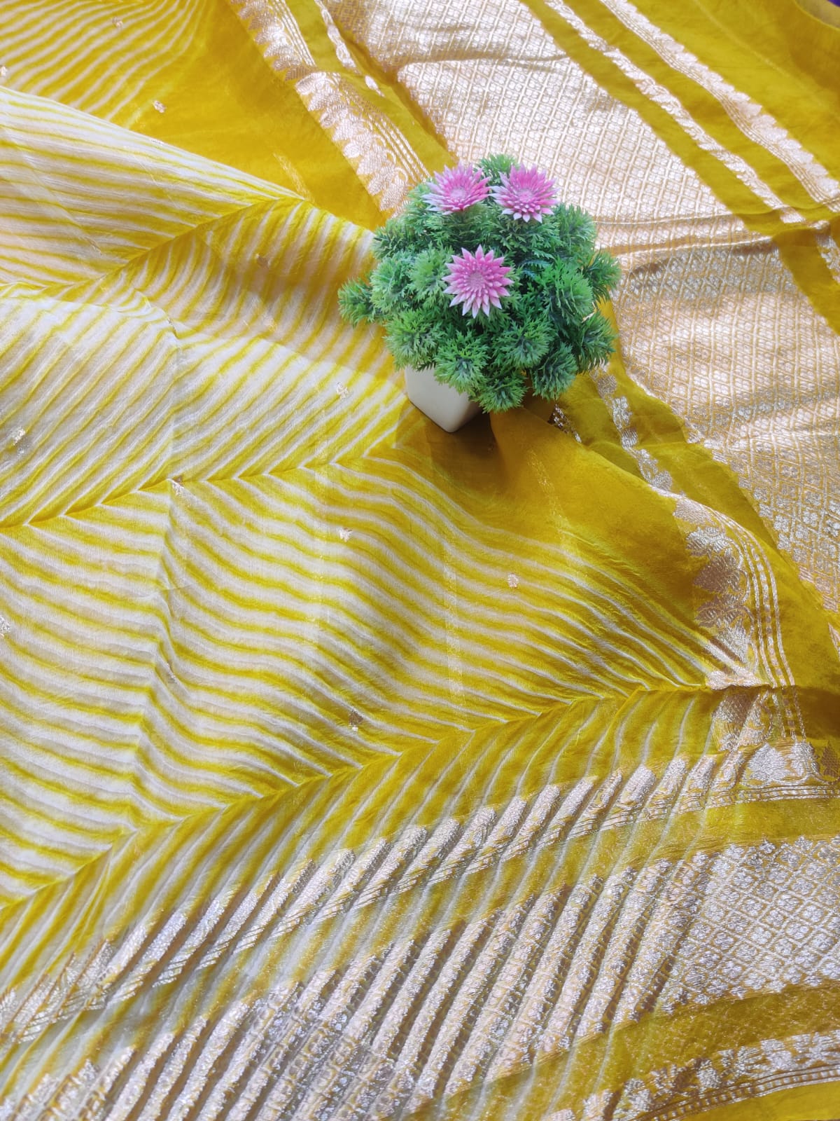 Banarasi Kora Organza Arashi Dyeing Designer Saree with Kadua Interlock Weaving – Mustard Yellow