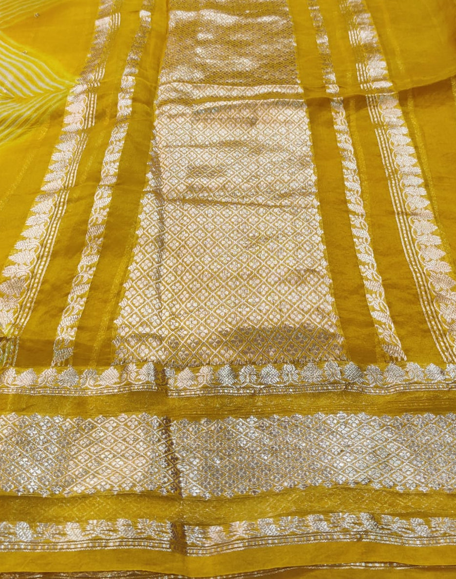 Banarasi Kora Organza Arashi Dyeing Designer Saree with Kadua Interlock Weaving – Mustard Yellow