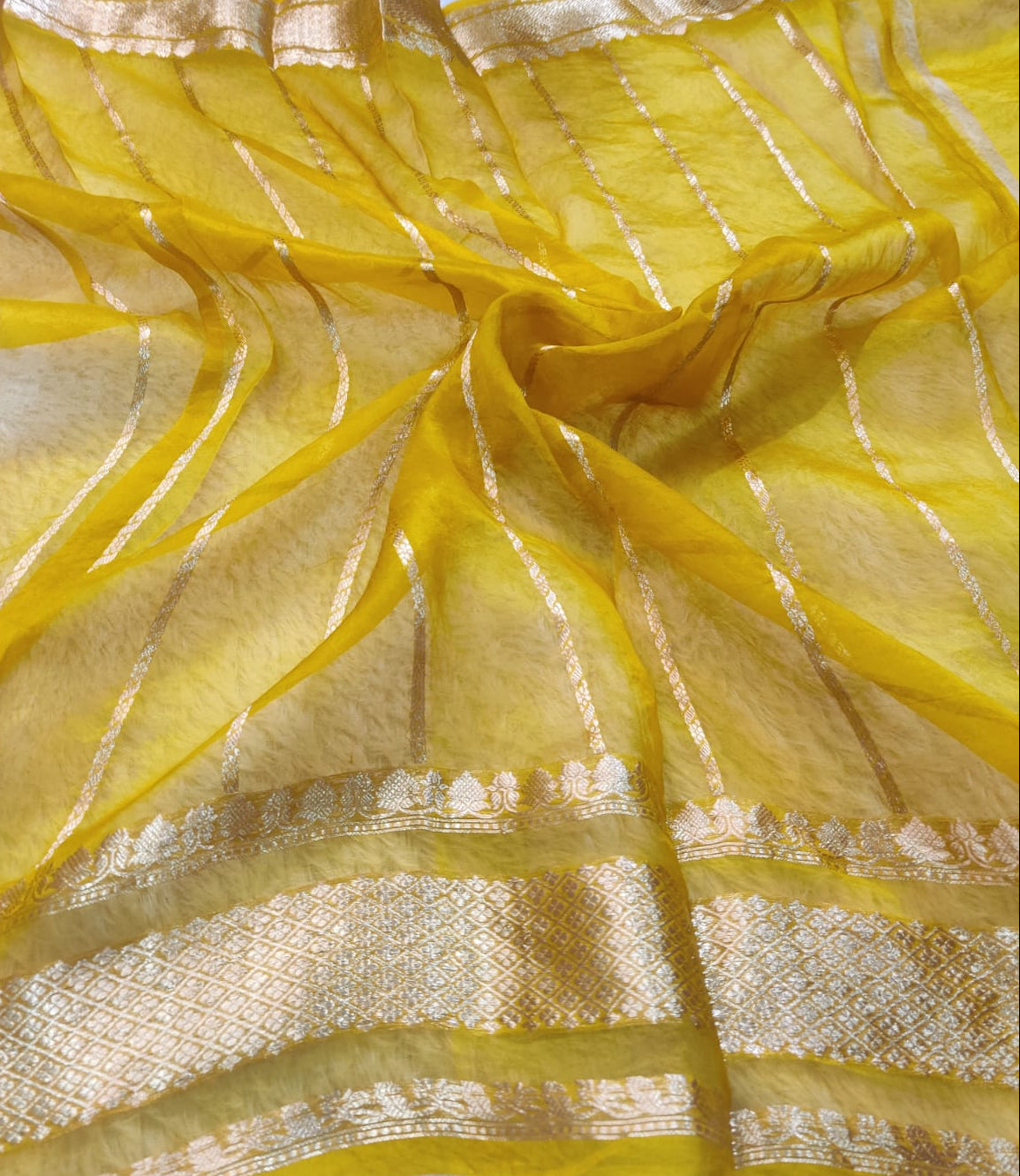 Banarasi Kora Organza Arashi Dyeing Designer Saree with Kadua Interlock Weaving – Mustard Yellow