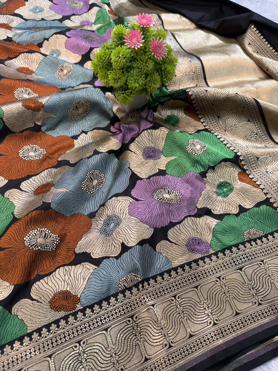 Banarasi Pure Handloom Katan Silk Multicolor Floral Ambani-Style Saree