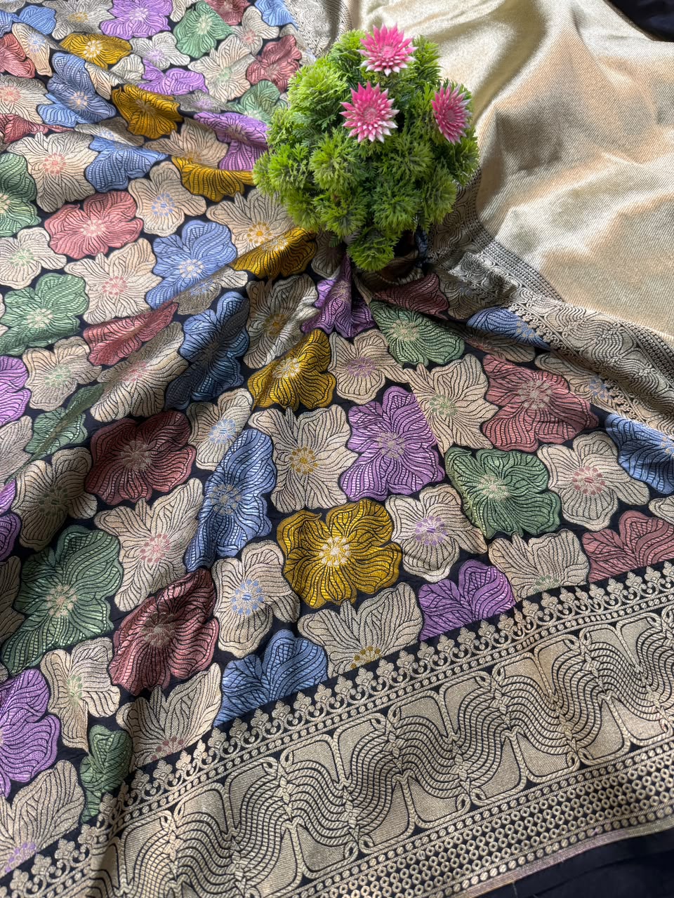 Banarasi Pure Handloom Katan Silk Multicolor Floral Ambani-Style Saree