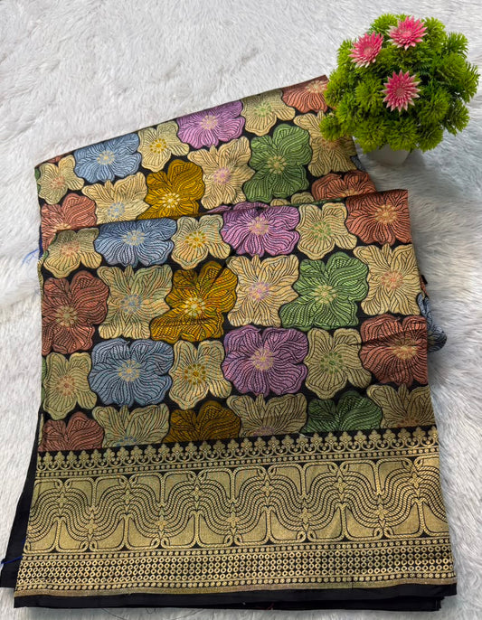 Banarasi Pure Handloom Katan Silk Multicolor Floral Ambani-Style Saree