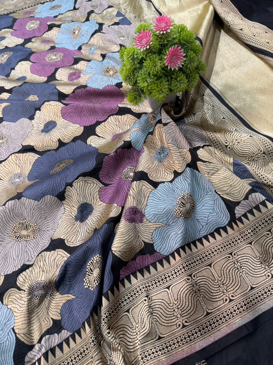 Banarasi Pure Handloom Katan Silk Multicolor Floral Ambani-Style Saree