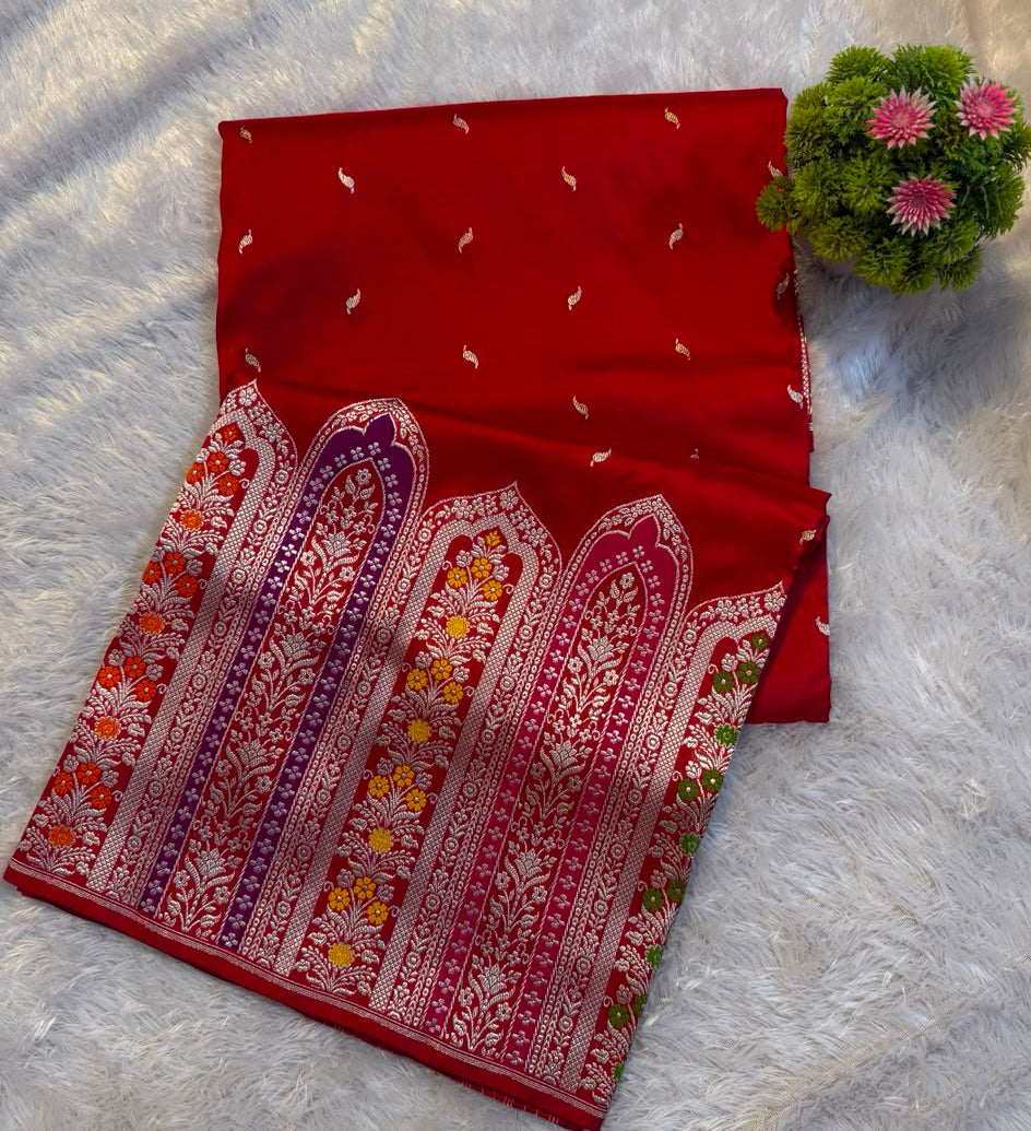 Banarasi Pure Handloom Double Katan Silk Saree with Broad Meena Zari Border