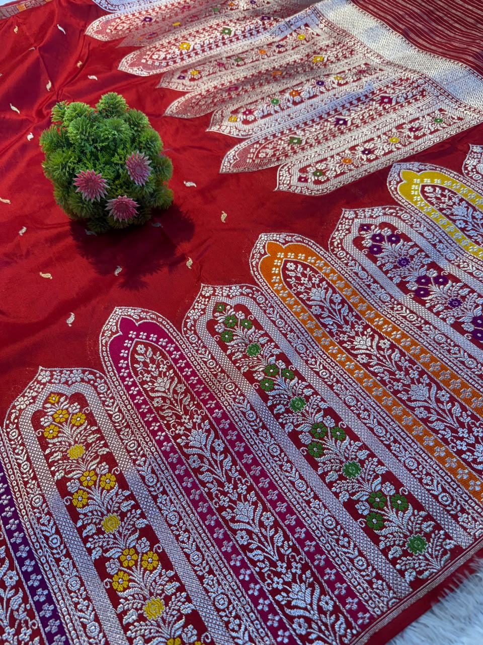 Banarasi Pure Handloom Double Katan Silk Saree with Broad Meena Zari Border
