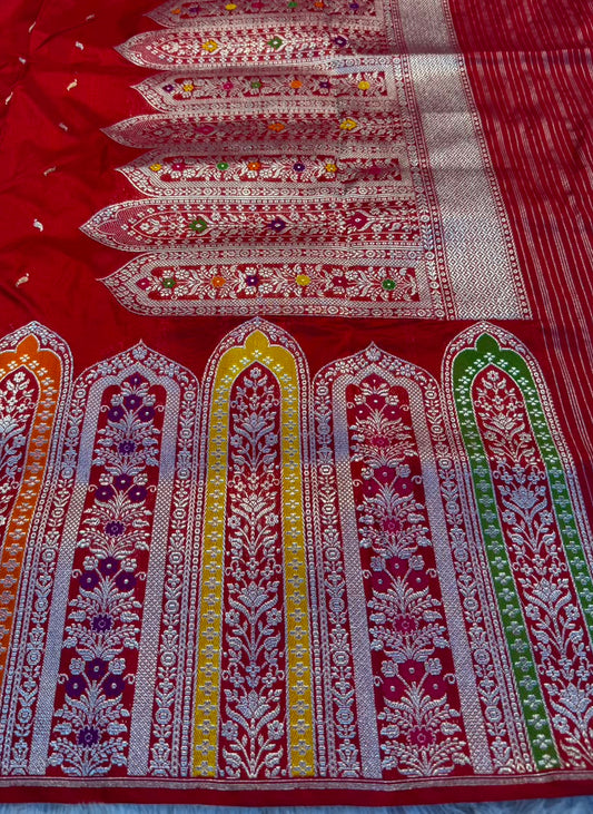 Banarasi Pure Handloom Double Katan Silk Saree with Broad Meena Zari Border