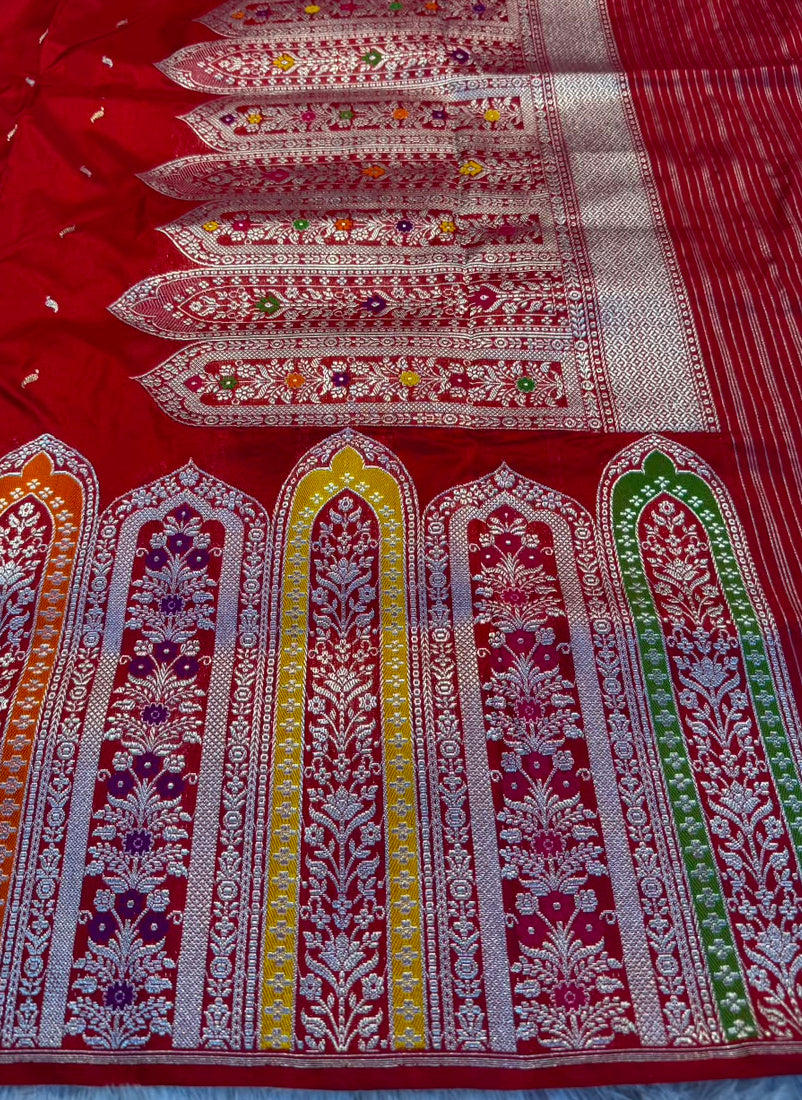 Banarasi Pure Handloom Double Katan Silk Saree with Broad Meena Zari Border