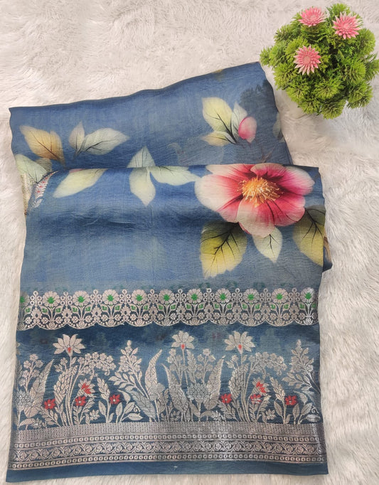 Banarasi 100% Pure Raw Mango Digital Print Saree with Designer Floral Border