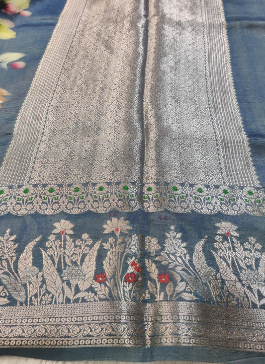 Banarasi 100% Pure Raw Mango Digital Print Saree with Designer Floral Border