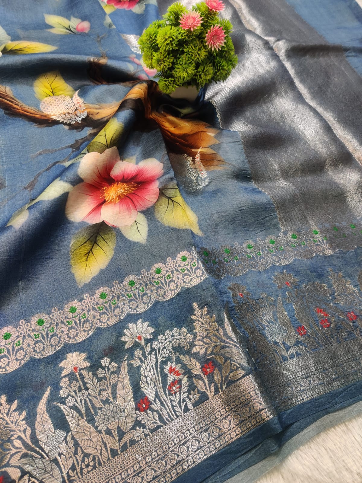 Banarasi 100% Pure Raw Mango Digital Print Saree with Designer Floral Border