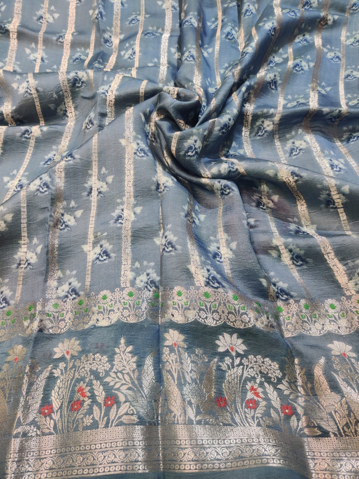Banarasi 100% Pure Raw Mango Digital Print Saree with Designer Floral Border