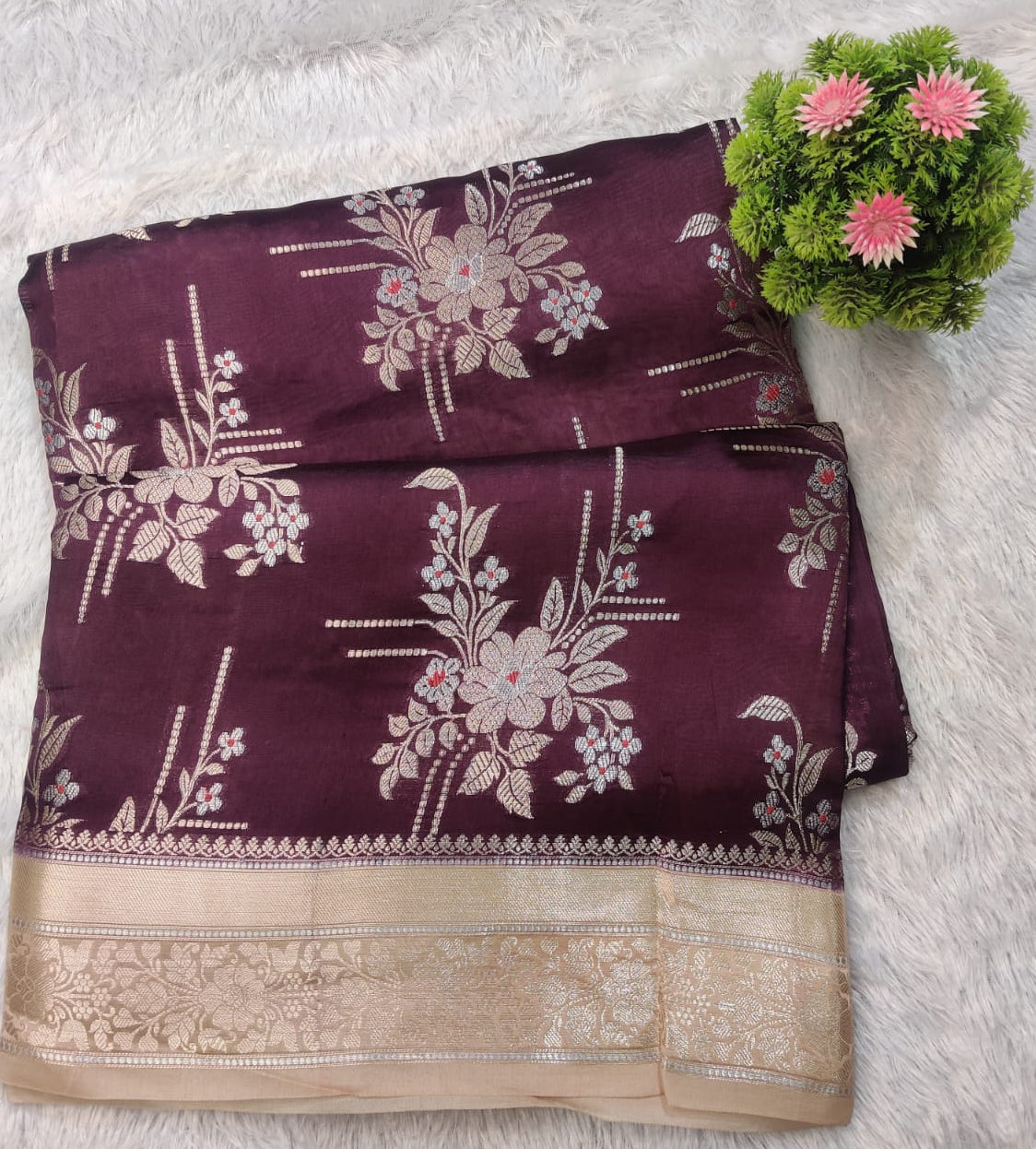 Banarasi 100% Pure Raw Mango Wine Floral Digital Saree with Antique Gold Border