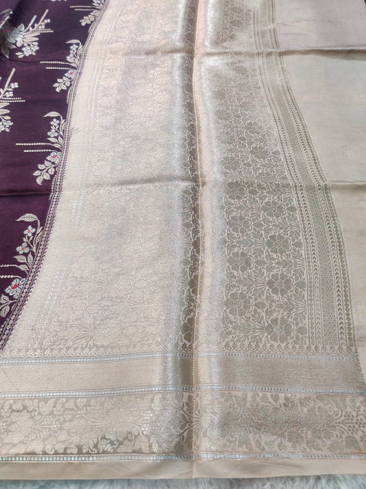 Banarasi 100% Pure Raw Mango Wine Floral Digital Saree with Antique Gold Border