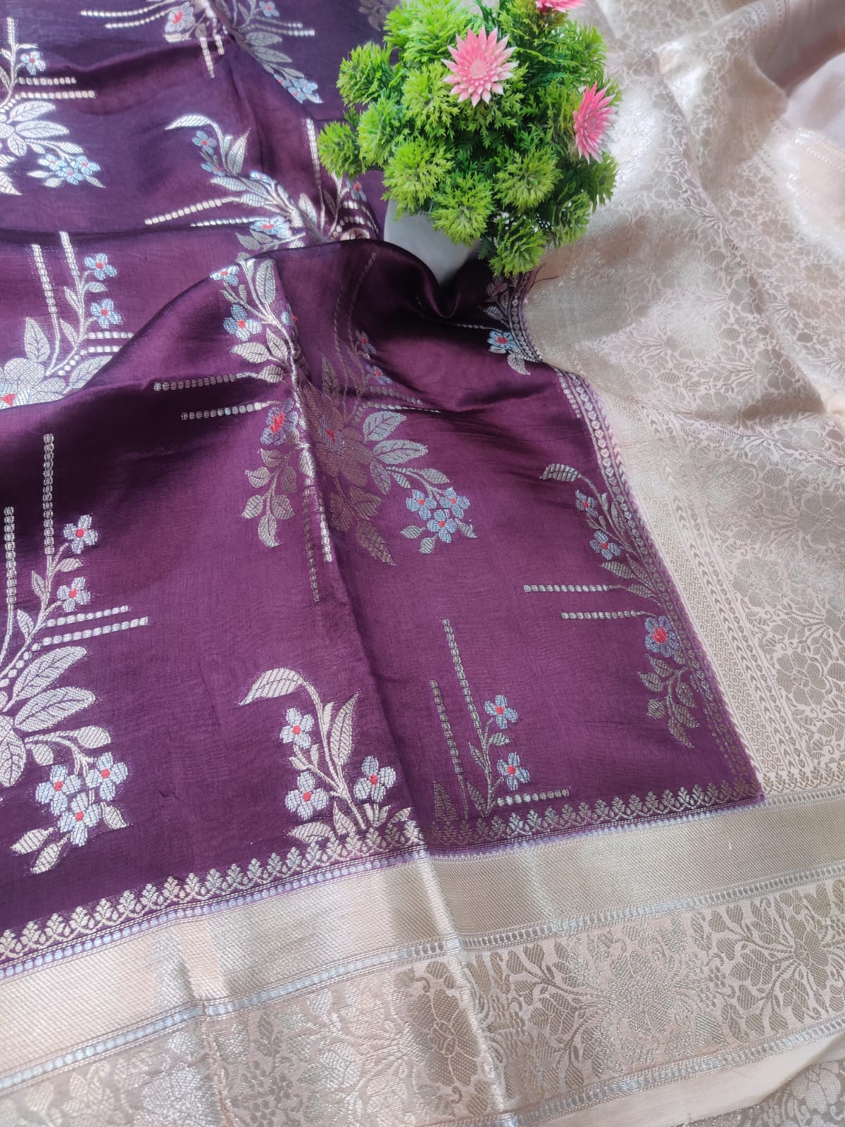 Banarasi 100% Pure Raw Mango Wine Floral Digital Saree with Antique Gold Border