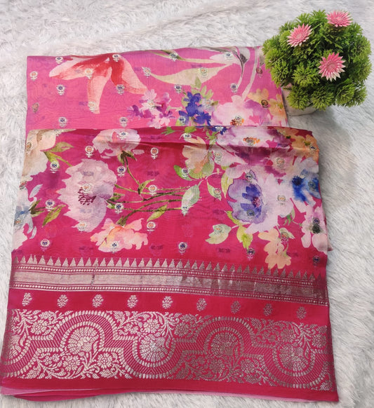 Banarasi 100% Pure Raw Mango Digital Floral Saree – Rani Pink