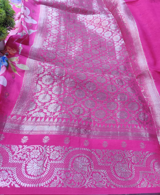 Banarasi 100% Pure Raw Mango Digital Floral Saree – Rani Pink