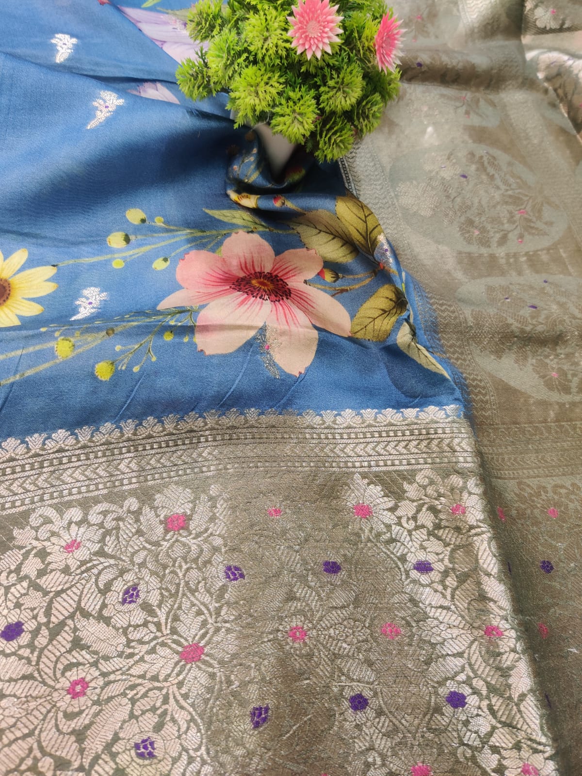 Banarasi 100% Pure Raw Mango Digital Floral Saree – Denim Blue