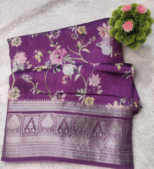 Banarasi 100% Pure Raw Mango Digital Floral Saree – Royal Purple