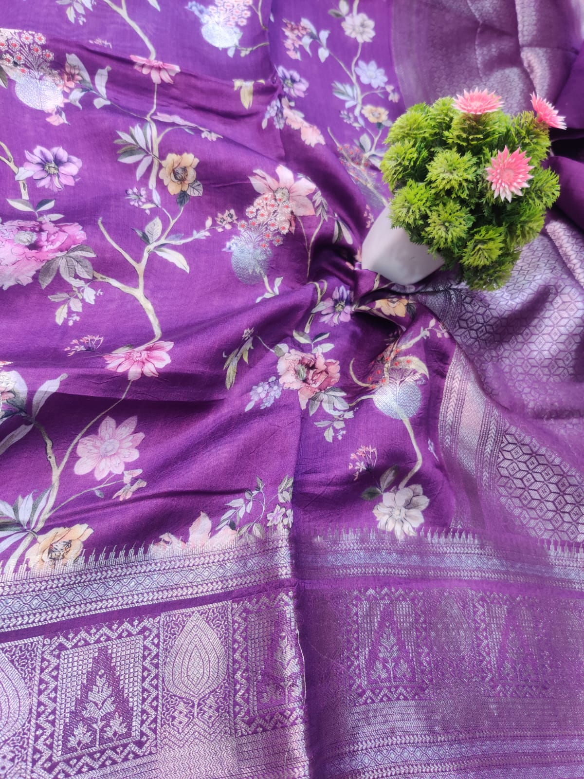 Banarasi 100% Pure Raw Mango Digital Floral Saree – Royal Purple