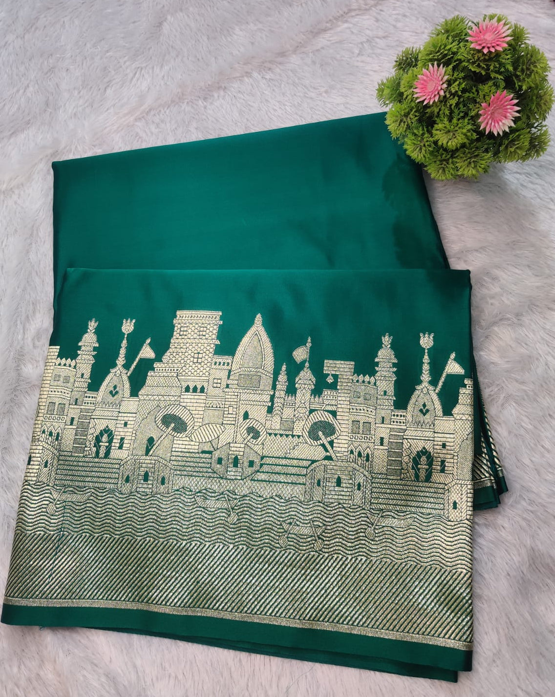 Mashroo Satin Katan Silk Designer Banarasi Ghat Saree – Emerald Green