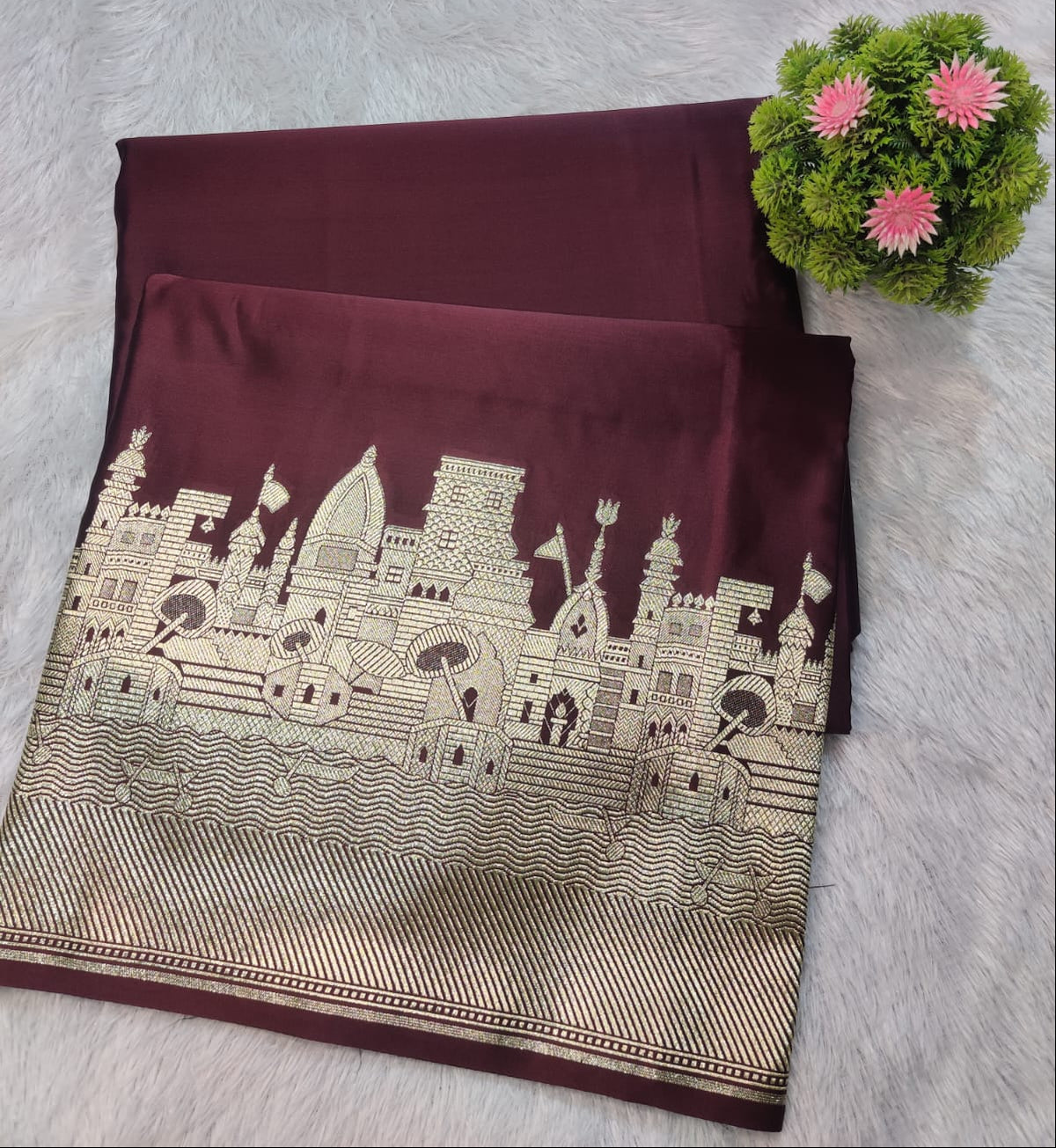 Mashroo Satin Katan Silk Designer Banarasi Ghat Saree – Wine Maroon