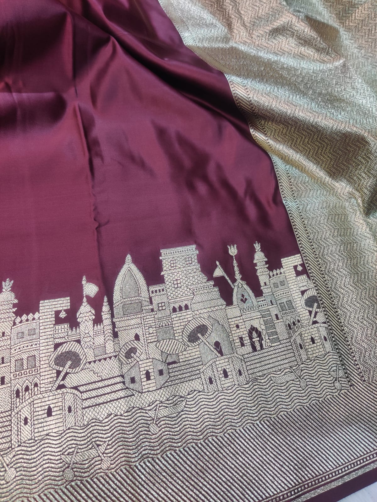 Mashroo Satin Katan Silk Designer Banarasi Ghat Saree – Wine Maroon
