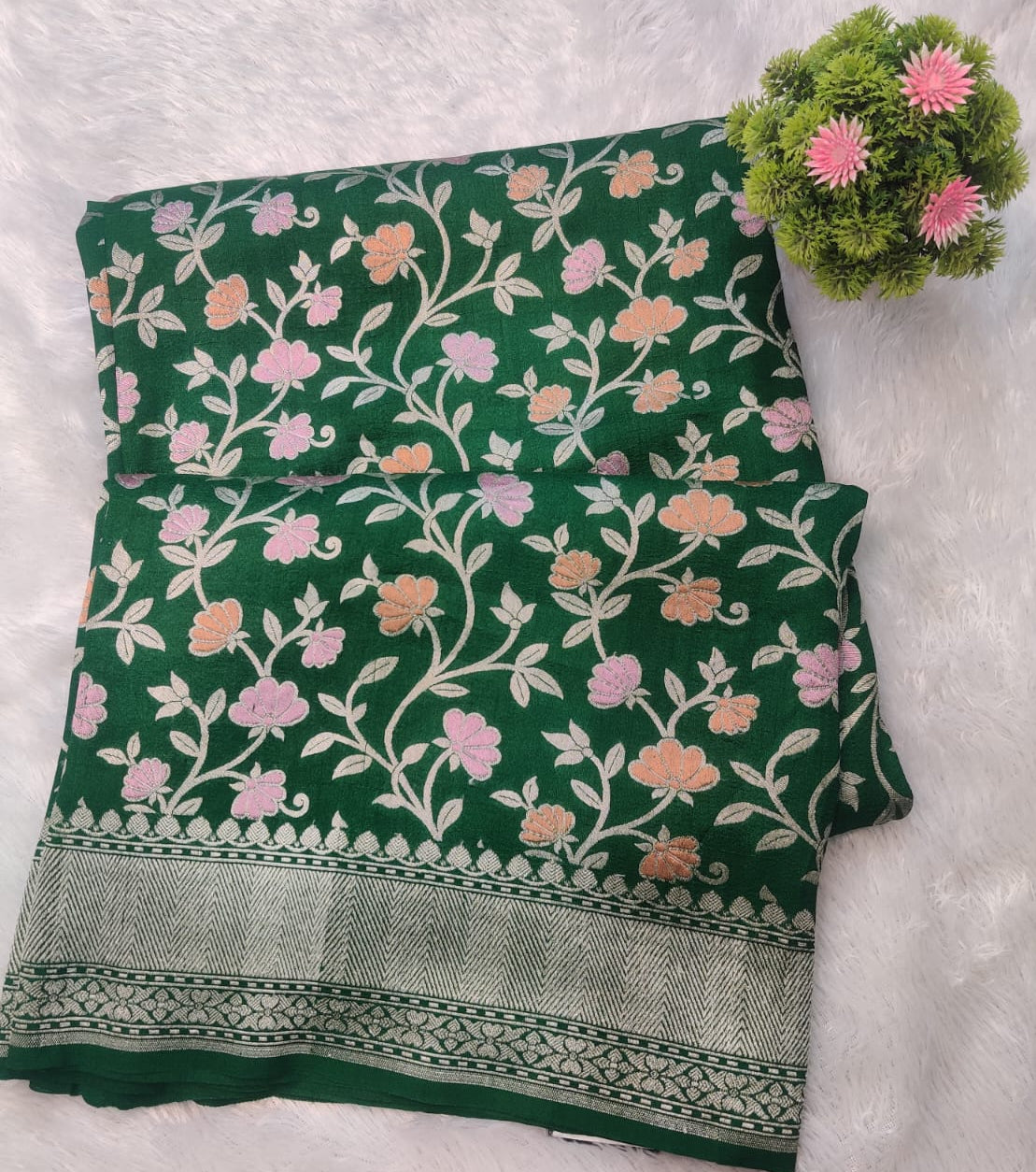 Banarasi Khaddi Tussar Silk Saree with Floral Meena Weave – Emerald Green