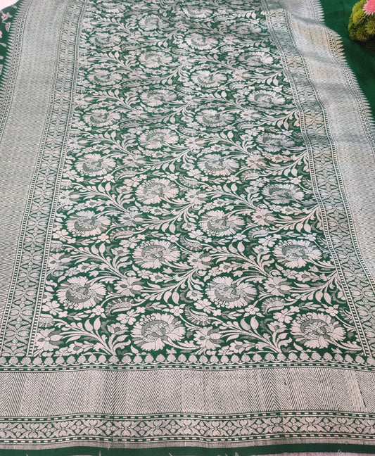 Banarasi Khaddi Tussar Silk Saree with Floral Meena Weave – Emerald Green