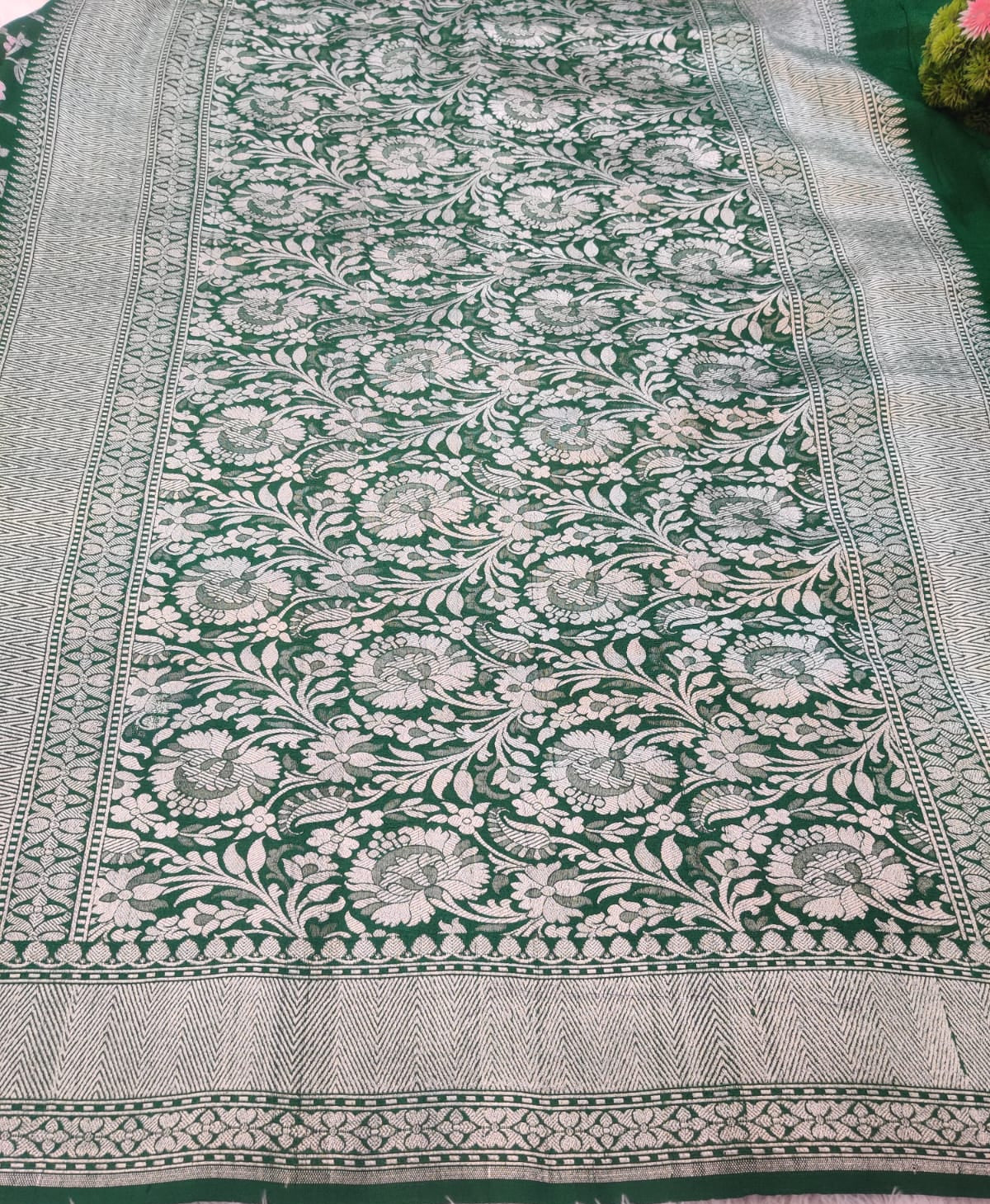 Banarasi Khaddi Tussar Silk Saree with Floral Meena Weave – Emerald Green