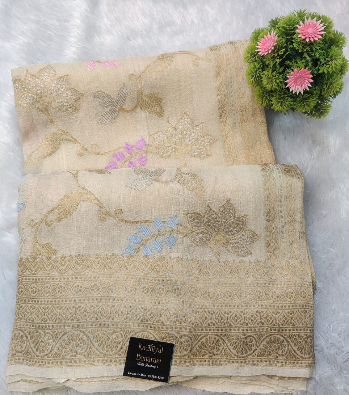 Banarasi Khaddi Tussar Silk Saree – Pastel Floral Zari Weave with Traditional Border