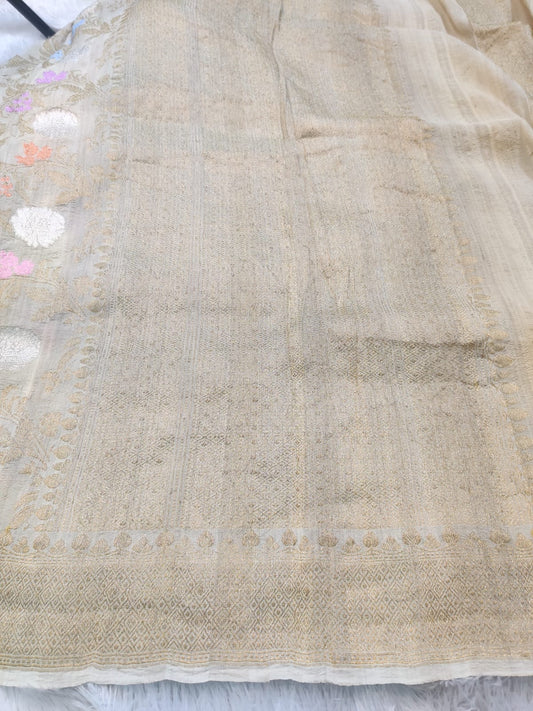 Banarasi Khaddi Tussar Silk Saree – Pastel Floral Jangla with Rich Zari Border